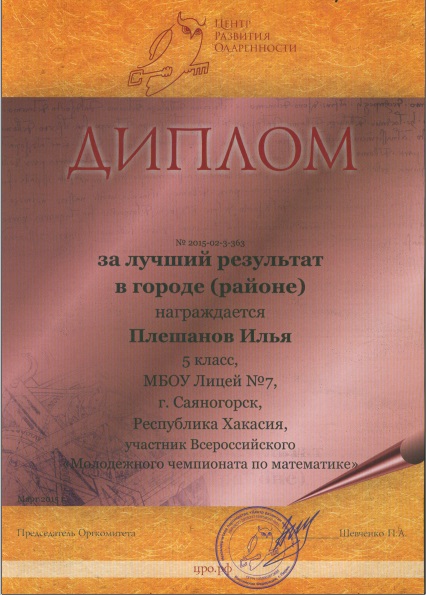 Диплом Молодежный чемпионат Плешанов Илья